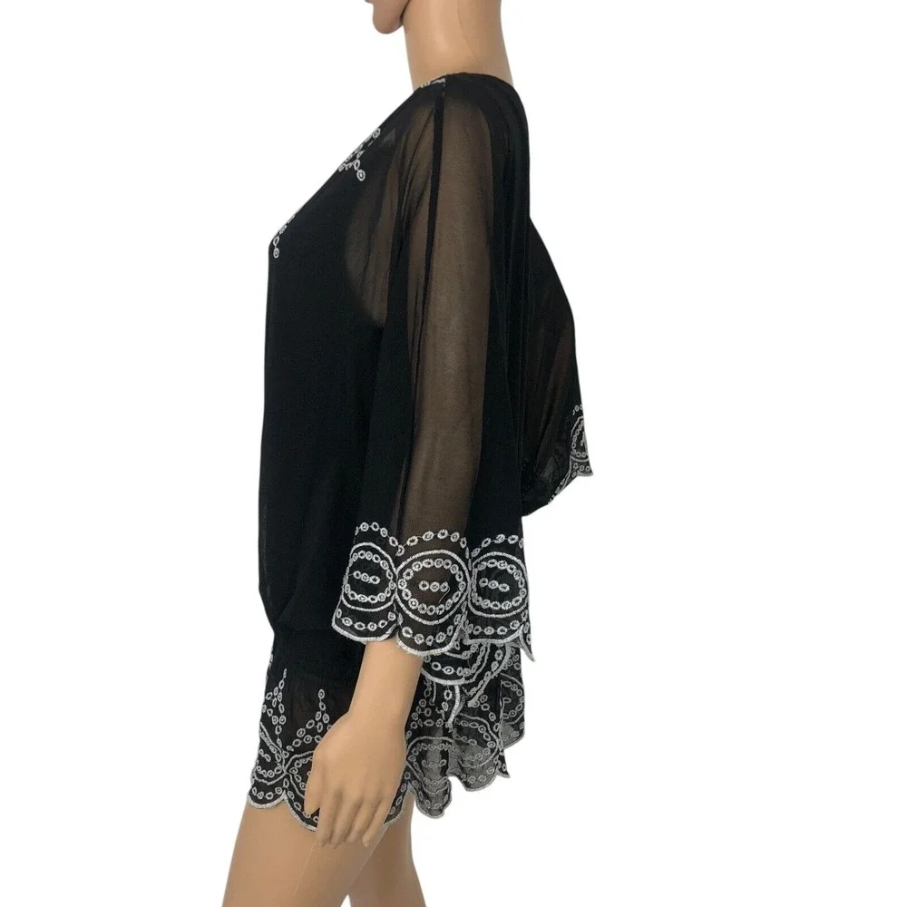 Alfani Embroidered Lace Tunic Top Size L Dolman Sleeve Ruffle Boho Western Shirt - Picture 6 of 10